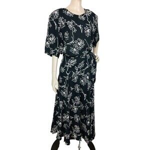 Vintage 80s 90s Ms. Chaus Floral Button-Down Dolman Sleeve Tie-Side Maxi Dress